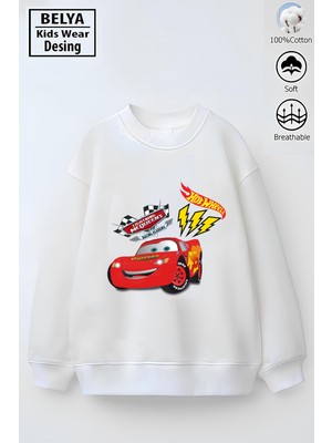 Belya Kids Wear Trend Çocuk Model Tam Kalıp Oversize Şimşek Mcqueen Tasarım 3 Iplik Pamuğa Pamuk Kumaş
