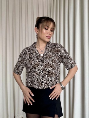 Zengezur Mall Storozal Leopar Desenli Crop Gömlek Kahve (Beden: L)