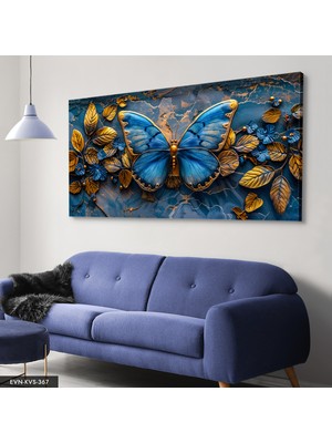 Evine Moda Mavi Kelebek ve Gold Yapraklar Tek Parça Kanvas - Canvas Tablo