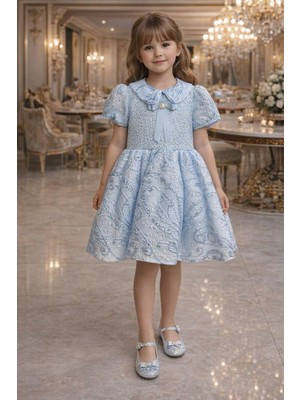  kız Çocuk Eteği Kabarık Doğum Günü Bayramlık Abiye Mavi Elbise