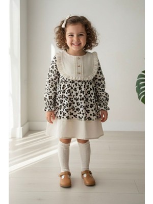 Miniğimin Cicileri Kız Çocuk Vintage Tarzı Dantel Garnili Uzun Kollu Müslin Pamuk Elbise - Krem
