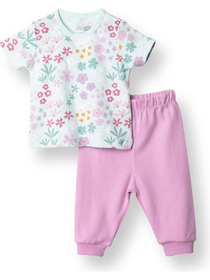 Hellobaby Hellobaby Kız Bebek Tshirt-Patiksiz Alt Çiçek Baskılı Çıtçıtlı Bisiklet Yaka Uzun Paça Kısa Kol