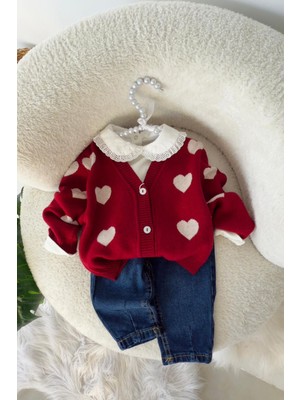 Miniğimin Cicileri Kalpli Triko Hırkalı Pamuklu Kız Bebek 3 Lü Takım - Kırmızı