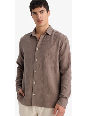 DeFacto %100 Pamuk Erkek Uzun Kol Gömlek F9275AX/BN534 BROWN