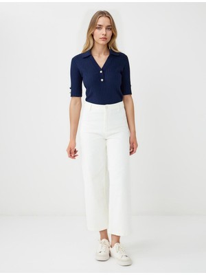Jimmy Key Ekru Yüksek Bel Bol Paça Denim Pantolon