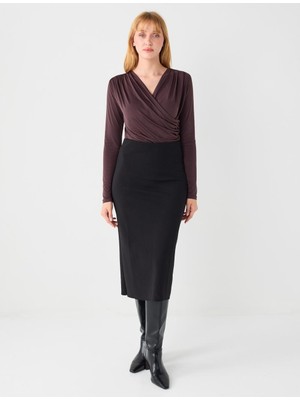 Jimmy Key Siyah Normal Bel Düz Kesim Örme Midi Etek