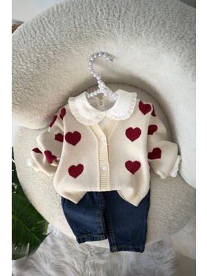 Miniğimin Cicileri Kalpli Triko Hırkalı Pamuklu Kız Bebek 3 Lü Takım - Krem