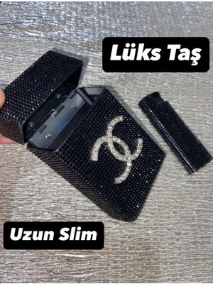 Uzun Slim Lüks Taşlı Sigara Kutusu ve Çakmak Metal Siyah Şık Hediye Seçeneği