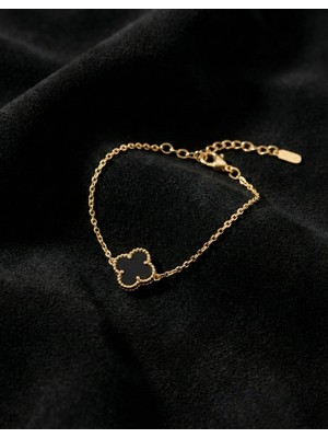 Roza Silver 925 Ayar Siyah Oniks Taşlı Gold Tekli Yonca Gümüş Bileklik