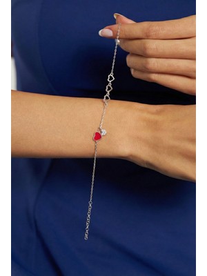 Erdobia 925 Ayar Zirkon Taşlı Mineli Rodyum Kalp Minimal Gümüş Bileklik Charmlı