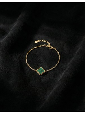 Roza Silver 925 Ayar Yeşil Kaplangözü Taşlı Gold Tekli Yonca Gümüş Bileklik