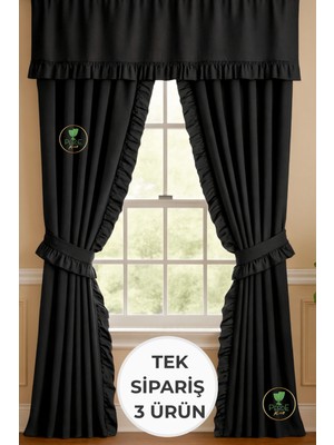 Fırfırlı Keten Perde Takımı – 3’lü Set, Rustik & Korniş Uyumlu