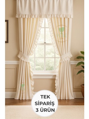 Fırfırlı Keten Perde Takımı – 3’lü Set, Rustik & Korniş Uyumlu