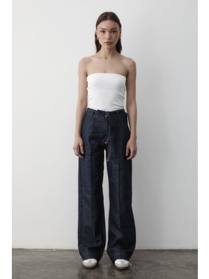 Jaste Kadın Lacivert Çizgili Geniş Paça Jean Pantolon LACİVERT