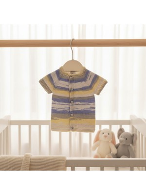 Desdesignel Örgüsü Kısa Kollu Bebek Hırka - Renk Geçişli Mevsimlik Bebek Yeleği - Mavi/sarı/gri