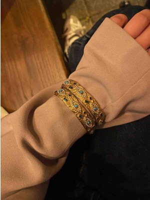 Güneş Takı Mavi Göz Detaylı Vintage Altın Kaplama Çelik Bileklik