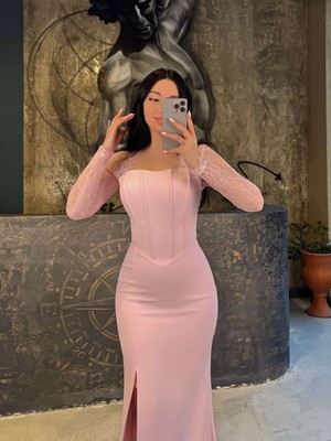 Divya Dantel Detay A Slim Uzun Boy Önü Yırtmaçlı Abiye Pudra Pembe
