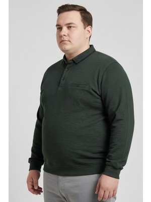 Balkonda Erkek Sweatshirt Kazak Polo Yaka Düğmeli Selanik Dokuma Battal Boy Büyük Beden Koyu Yeşil