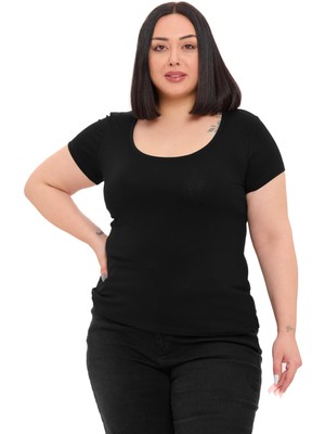 Disentis Modest Büyük Beden U Yaka Kısa Kollu Viskon Siyah Body