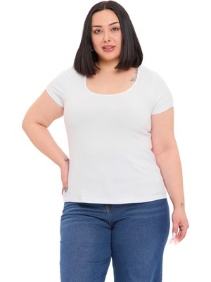 Disentis Modest Büyük Beden U Yaka Kısa Kollu Viskon Beyaz Body