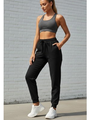 Qscob Kadın Siyah Cepli Ribanalı Jogger Eşofman Altı