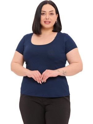 Disentis Modest Büyük Beden U Yaka Kısa Kollu Viskon Lacivert Body