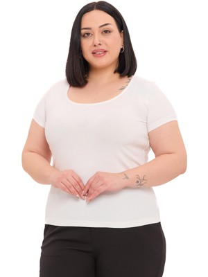 Disentis Modest Büyük Beden U Yaka Kısa Kollu Viskon Ekru Body