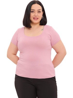 Disentis Modest Büyük Beden U Yaka Kısa Kollu Viskon Pembe Body