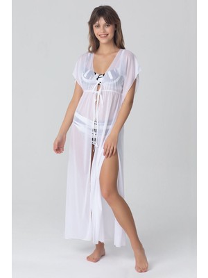 Kom Wiona Önden Açık Uzun Plaj Elbise Beyaz