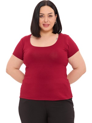 Disentis Modest Büyük Beden U Yaka Kısa Kollu Viskon Bordo Body