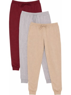 Tudors Erkek 3'lü Paket Bej-Gri-Bordo Regular Fit Beli Bağcıklı Jogger Cepli Lastikli Paça Eşofman Altı