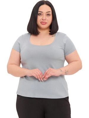 Disentis Modest Büyük Beden U Yaka Kısa Kollu Viskon Açık Gri Body