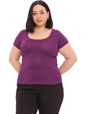 Disentis Modest Büyük Beden U Yaka Kısa Kollu Viskon Mürdüm Body