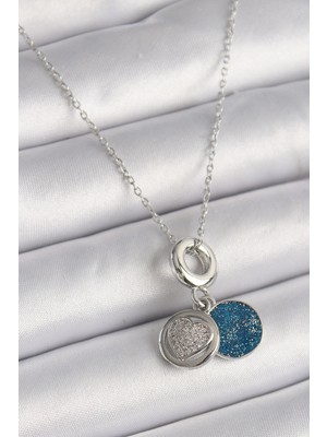 Marsilyan 316L Çelik Gümüş Renk Zincir Zirkon Taşlı Işleme Mavi Simli Kadın Kolye