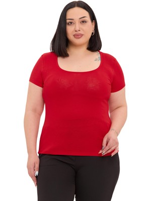 Disentis Modest Büyük Beden U Yaka Kısa Kollu Viskon Kırmızı Body
