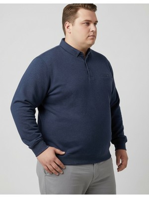 Balkonda Erkek Sweatshirt Kazak Polo Yaka Düğmeli Selanik Dokuma Battal Boy Büyük Beden Koyu Mavi