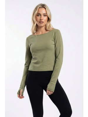 Abay Butik Kadın Kayık Yaka Uzun Kollu Parmak Geçmeli Modal Basic Bluz