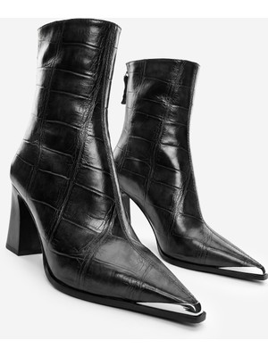 Marjin Kadın Sivri Burun Arkadan Fermuarlı Kalın Topuklu Bot Zavoli Siyah Croco