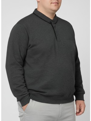Balkonda Erkek Sweatshirt Kazak Polo Yaka Düğmeli Selanik Dokuma Battal Boy Büyük Beden Antrasit