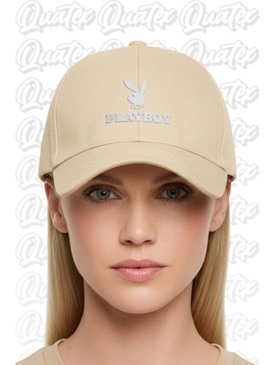 Quatex Playboy Nakışlı Şapka – Krem %100 Pamuk Gabardin Unisex Model