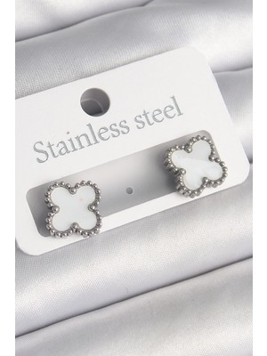 Marsilyan 316L Çelik Gümüş Renk Beyaz Yonca Model Kadın Küpe