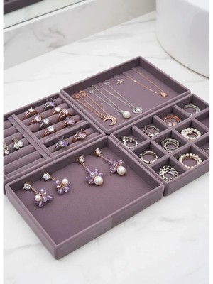 Megass Dekor Kiev Model Süet Kumaş Lila Renk 22/14 cm 4 Lü Takım Çekmeçe Içi Takı Standı