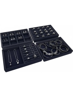 Megass Dekor Kiev Model Süet Kumaş Siyah Renk 22/14 cm 4 Lü Takım Çekmeçe Içi Takı Standı