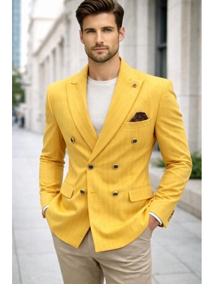 Sabri Zengin Erkek Çizgili Slim Fit Blazer Ceket %97 Polyester Sarı Renk Düz Kesim