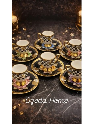 Balsa Gold Ayaklı Renkli Dama Desenli 6’lı Türk Kahve Fincan Takımı Porselen