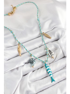 Marsilyan Seramik Motifli Balık Figürlü Model Mavi Ip Kadın Kolye