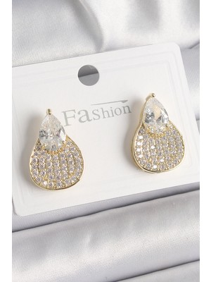 Marsilyan Pirinç Gold Renk Zirkon Taşlı Damla Model Kadın Küpe