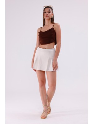 La Pante Şort Etek Kadın Şortlu Etek Mini Etek Önden Pileli Etek Görünümlü Yandan Fermuarlı Bej Kumaş