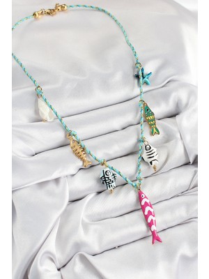 Marsilyan Seramik Motifli Pembe Balık Figürlü Model Mavi Ip Kadın Kolye