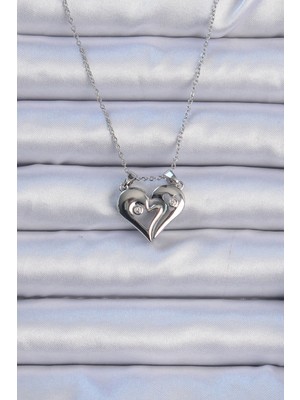 Marsilyan 316L Çelik Zincir Gümüş Renk Zirkon Taşlı Mıknatıslı Kalp Kolye